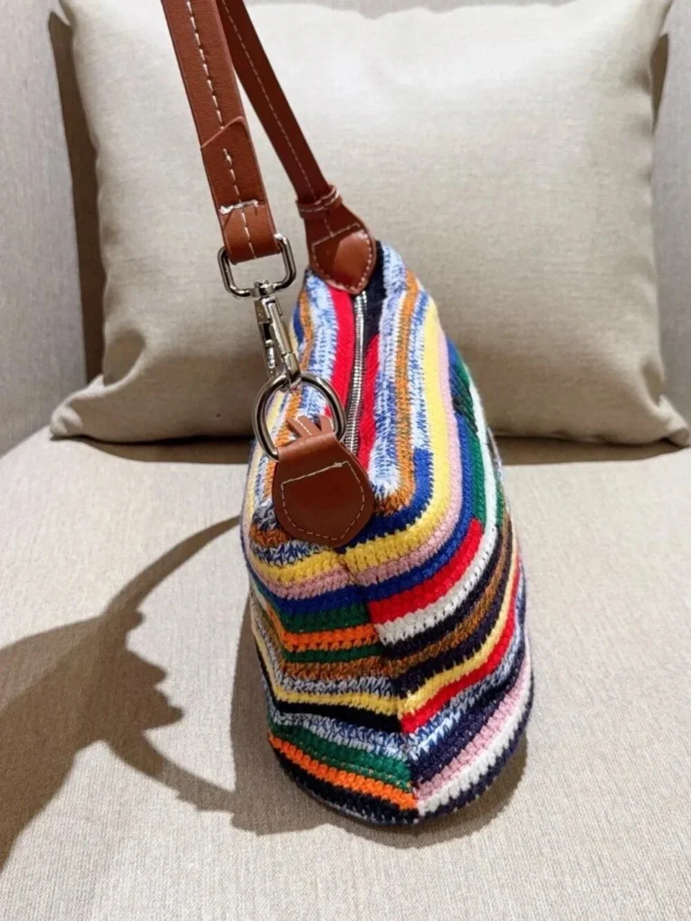 Miu Miu Multicolor Striped Crochet Shoulder Bag with Brown Leather Strap